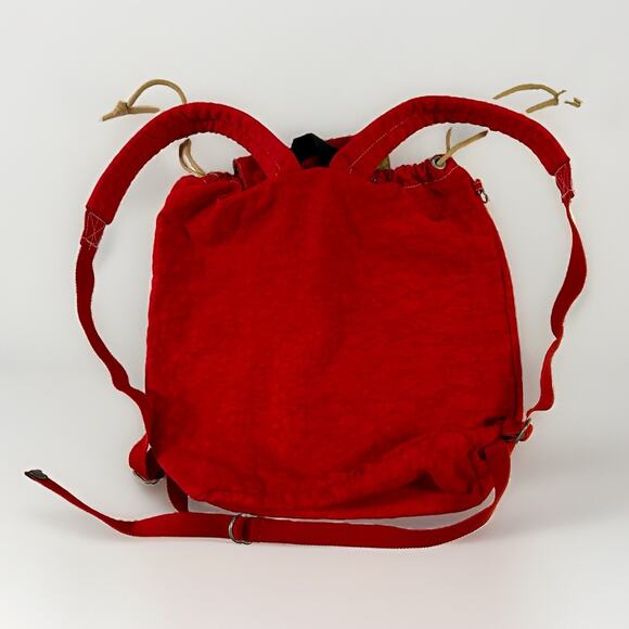 90\'s KIPLING Red Drawstring Backpack Bag 16x16 Adjustable Straps